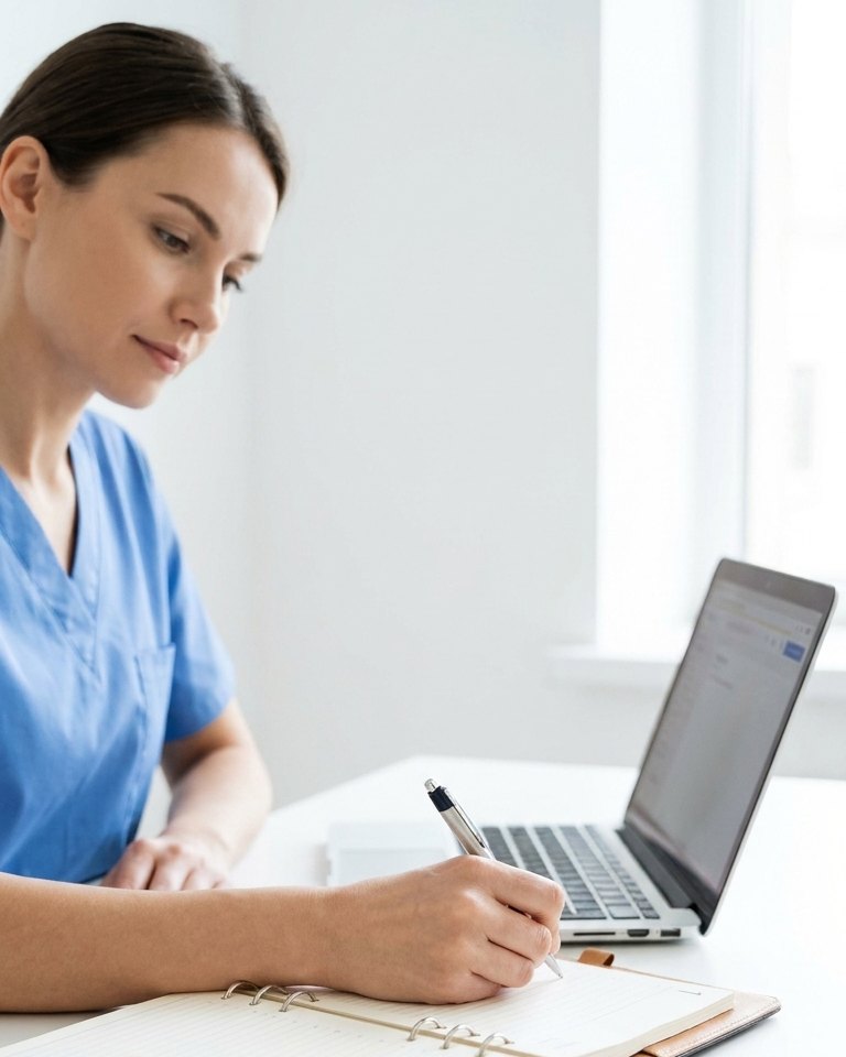 Enfermera tomando notas mientras sigue un curso online en el portátil